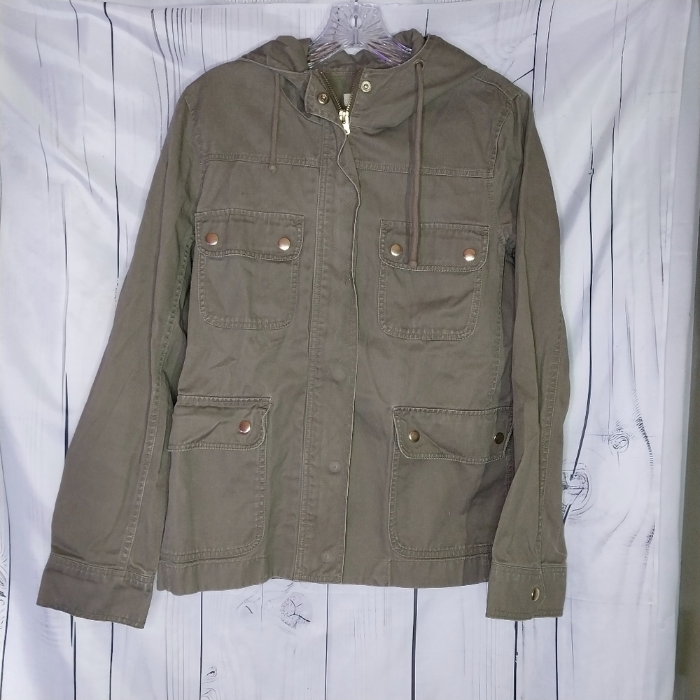 J.Crew Factory hooded resin coated utility field jacket olive green 100% cotton